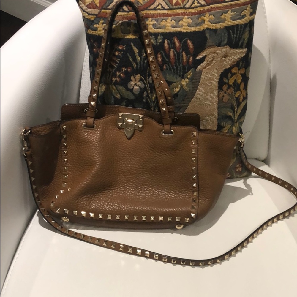 Valentino Rockstud Pebble Leather Cognac Bag